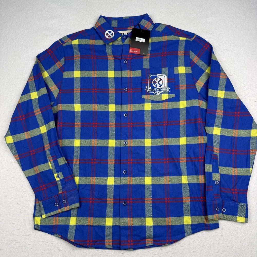 Cakeworthy Shirt Mens Large Blue Plaid X-Men Xavier Flannel Button Up Marvel